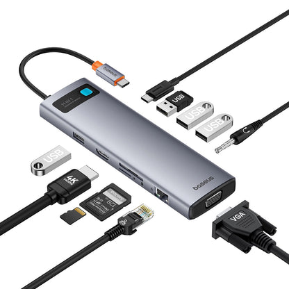 USB-C Hub Baseus Metal Gleam, 1 x USB-C - 3 x USB-A 3.0 - 1 x USB-A 3.0 - 1 x USB-A - 1 x HDMI - 1 x VGA - 1 x 3,5 mm aansluiting - 1 x RJ45 - 1 x SD - 1 x microSD, Grijs