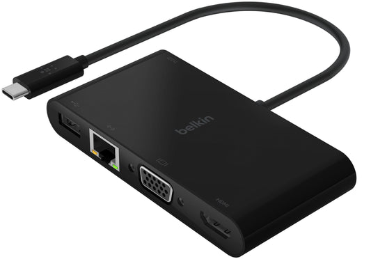 USB-C Hub Belkin Connect, 1 x USB-A 3.0 - 1 x USB-C - 1 x HDMI - 1 x VGA - 1 x RJ45, Zwart AVC004btBK