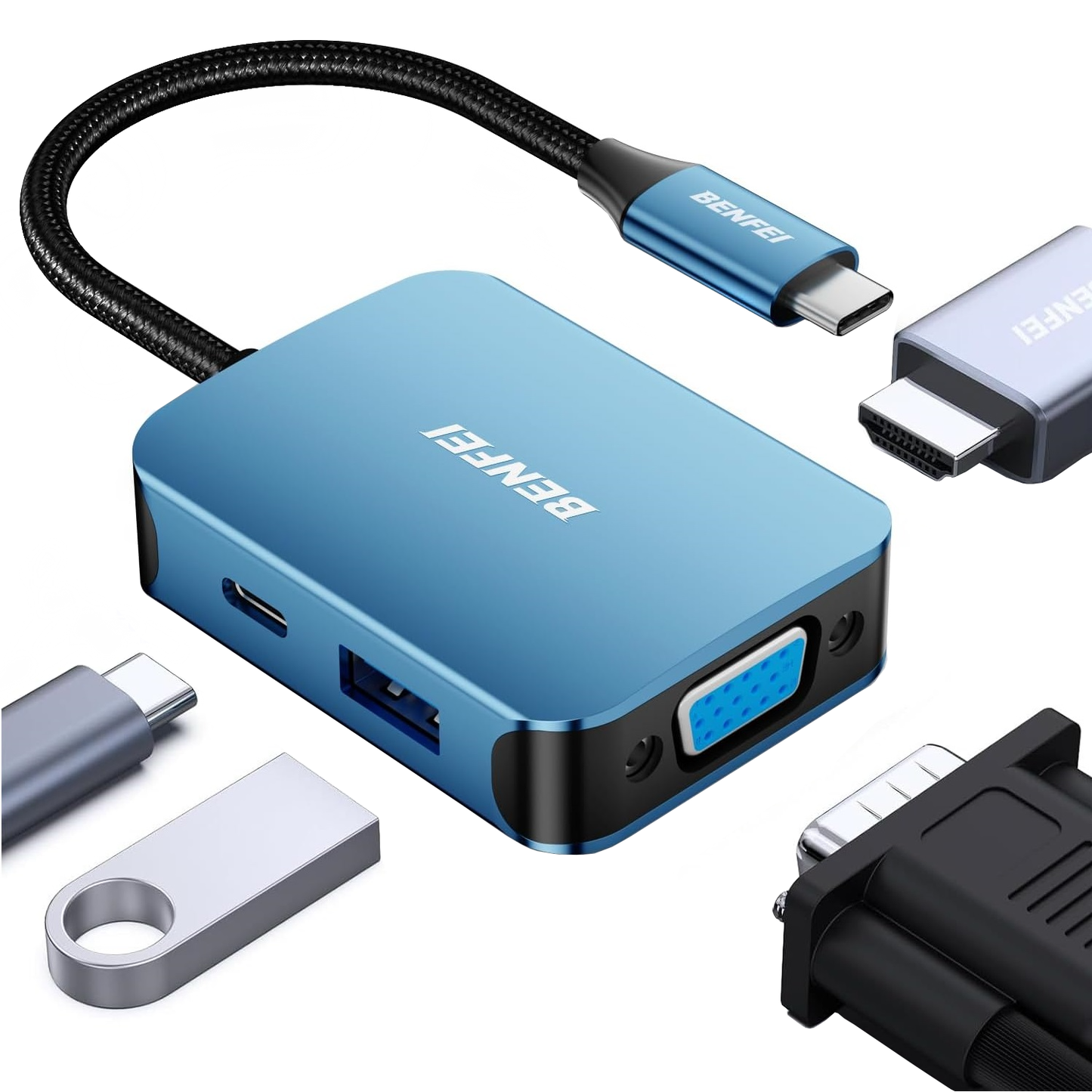USB-C Hub Benfei, 1 x USB-A 3.0 - 1 x USB-C - 1 x HDMI - 1 x VGA, Blauw