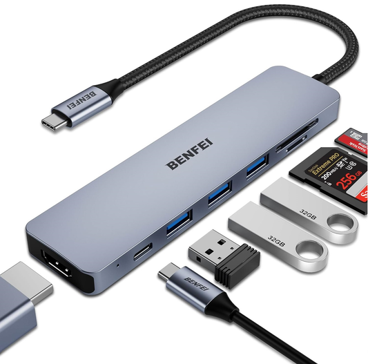 Benfei USB-C Hub, 3 x USB-A 3.0 - 1 x USB-C - 1 x HDMI - 1 x SD - 1 x microSD, Grijs