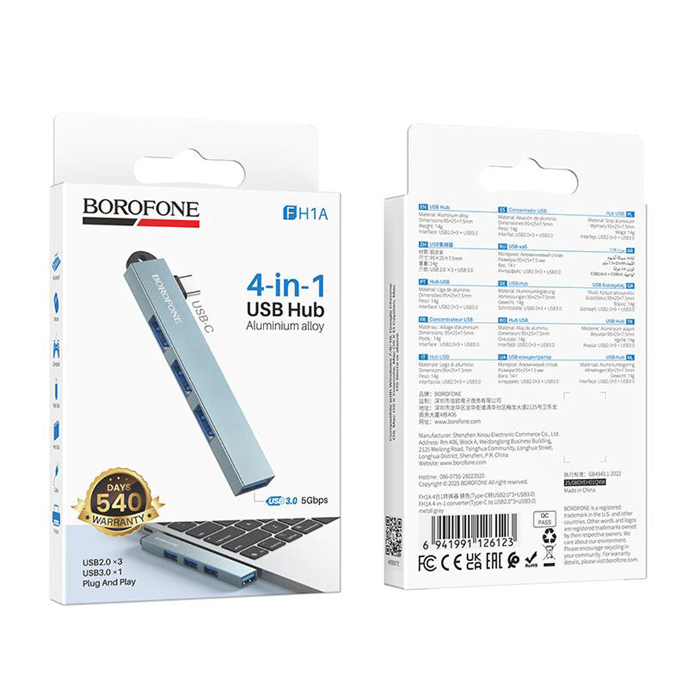 USB-C Hub Borofone FH1A, 4-in-1, Grijs