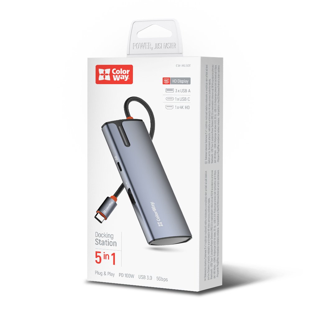 USB-C Hub ColorWay CW-HUB01, 5in1, Zilver