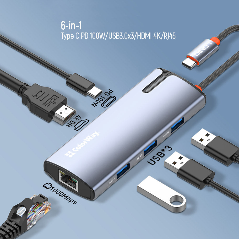 USB-C Hub ColorWay CW-HUB02, 6in1, Zilver