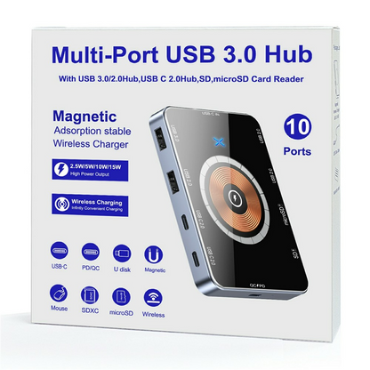 USB-C Hub met Draadloos Opladen QI OEM YC7209, 10in1, Grijs