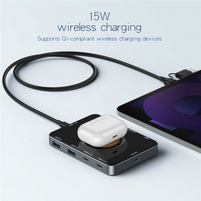 USB-C Hub met Draadloos Opladen QI OEM YC7209, 10in1, Grijs