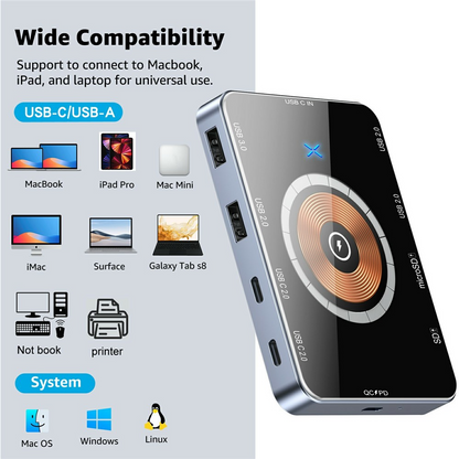 USB-C Hub met Draadloos Opladen QI OEM YC7209, 10in1, Grijs