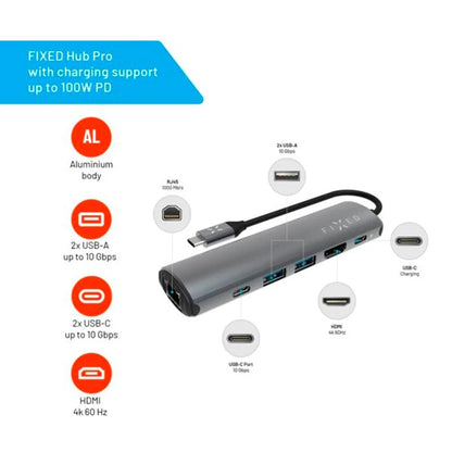 Hub USB-C Fixed Pro, 6in1, Gri