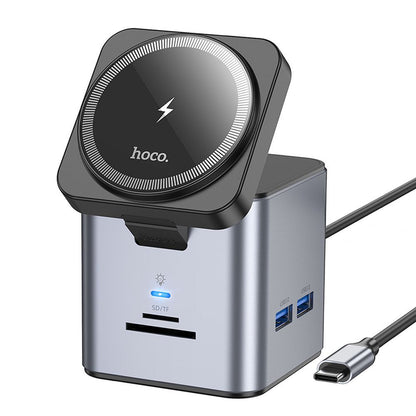 USB-C Hub HOCO HB49, 3 x USB-A 3.0 - 1 x USB-C - 1 x HDMI - 1 x RJ45 - 1 x QI - 1 x SD - 1 x microSD, Grijs 