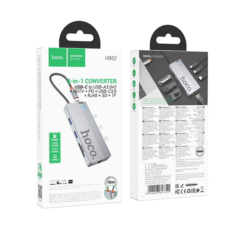 USB-C Hub HOCO HB52, 2 x USB-A 3.0 - 2 x USB-C - 1 x HDMI - 1 x RJ45 - 1 x SD - 1 x microSD, Grijs