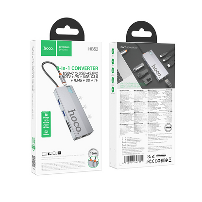 USB-C Hub HOCO HB52, 2 x USB-A 3.0 - 2 x USB-C - 1 x HDMI - 1 x RJ45 - 1 x SD - 1 x microSD, Grijs