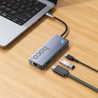 USB-C Hub HOCO HB52, 2 x USB-A 3.0 - 2 x USB-C - 1 x HDMI - 1 x RJ45 - 1 x SD - 1 x microSD, Grijs