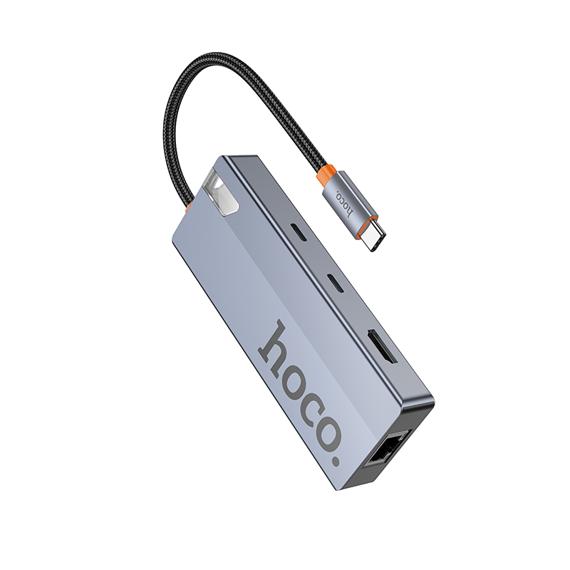 USB-C Hub HOCO HB52, 2 x USB-A 3.0 - 2 x USB-C - 1 x HDMI - 1 x RJ45 - 1 x SD - 1 x microSD, Grijs