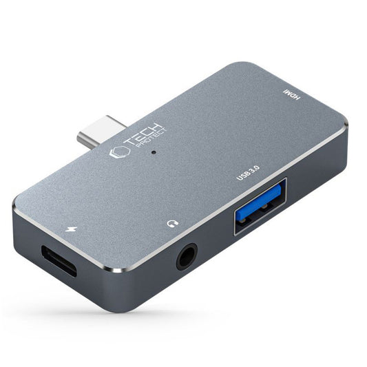 Hub USB-C Tech-Protect V6, 1 x USB-A - 1 x USB-C - 1 x HDMI - 1 x 3,5 mm aansluiting, Grijs