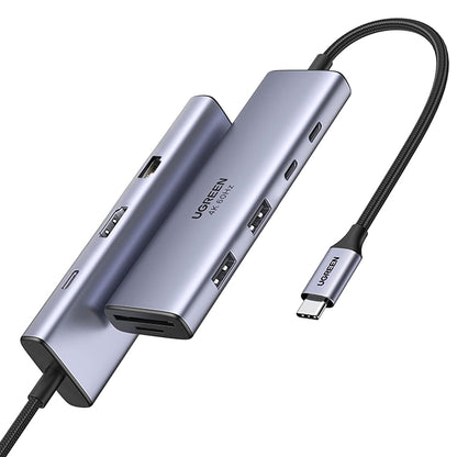 USB-C Hub UGREEN CM498 (15375), 2 x USB-A - 3 x USB-C - 1 x HDMI - 1 x RJ45 - 1 x SD - 1 x microSD, Grijs