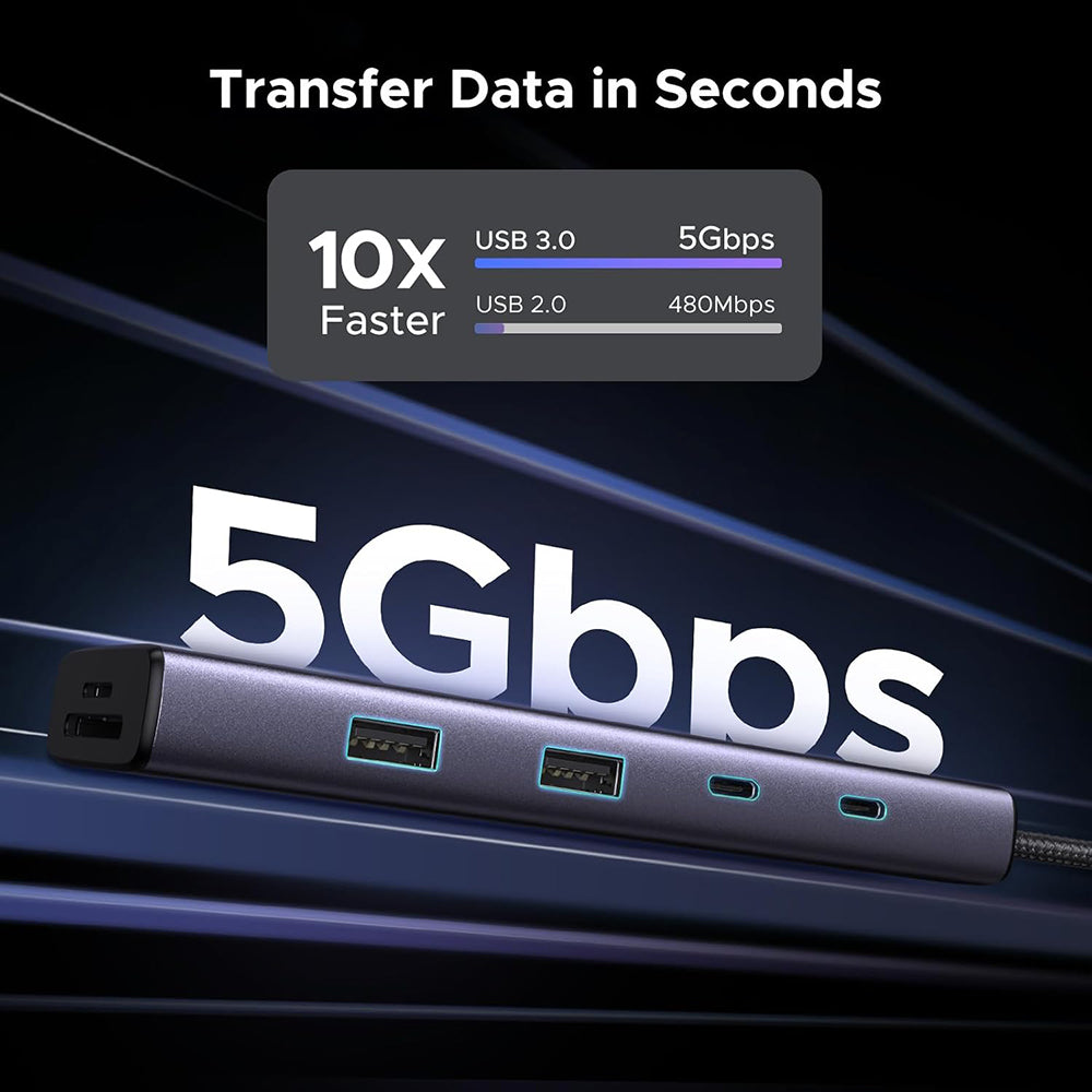 USB-C Hub UGREEN CM498 (15375), 2 x USB-A - 3 x USB-C - 1 x HDMI - 1 x RJ45 - 1 x SD - 1 x microSD, Grijs