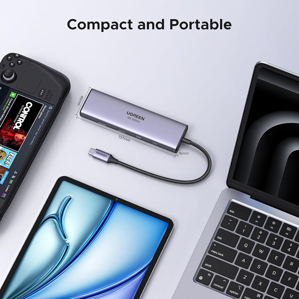 USB-C Hub UGREEN CM498 (15375), 2 x USB-A - 3 x USB-C - 1 x HDMI - 1 x RJ45 - 1 x SD - 1 x microSD, Grijs