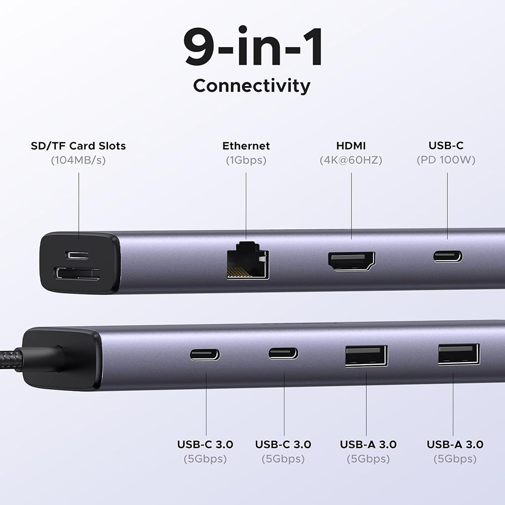 USB-C Hub UGREEN CM498 (15375), 2 x USB-A - 3 x USB-C - 1 x HDMI - 1 x RJ45 - 1 x SD - 1 x microSD, Grijs