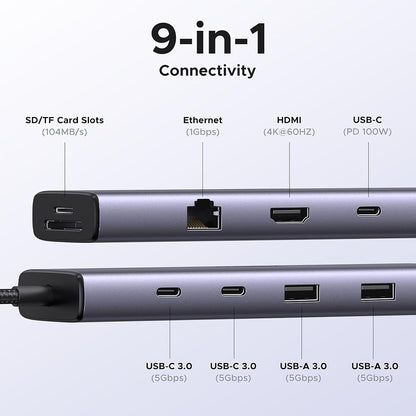 USB-C Hub UGREEN CM498 (15375), 2 x USB-A - 3 x USB-C - 1 x HDMI - 1 x RJ45 - 1 x SD - 1 x microSD, Grijs