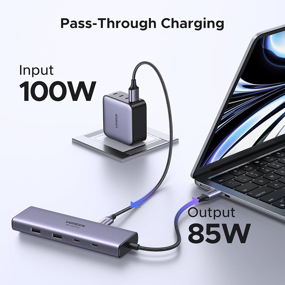 USB-C Hub UGREEN CM498 (15375), 2 x USB-A - 3 x USB-C - 1 x HDMI - 1 x RJ45 - 1 x SD - 1 x microSD, Grijs