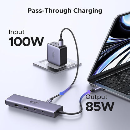 USB-C Hub UGREEN CM498 (15375), 2 x USB-A - 3 x USB-C - 1 x HDMI - 1 x RJ45 - 1 x SD - 1 x microSD, Grijs
