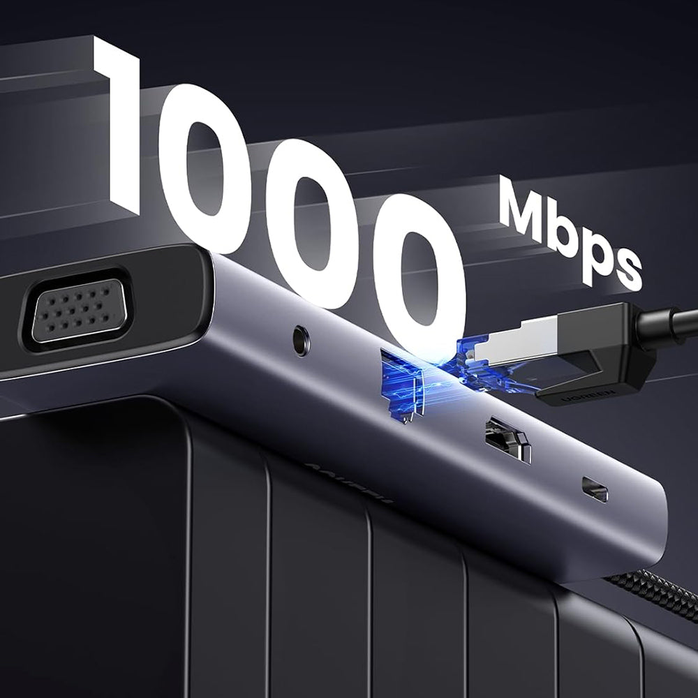 Hub USB-C UGREEN CM498 (15601), 3 x USB-A 3.0 - 1 x USB-C - 1 x HDMI - 1 x VGA - 1 x Jack 3.5mm - 1 x RJ45 - 1 x SD - 1 x microSD, Gri