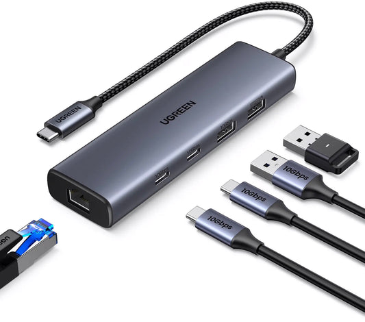 Hub USB-C UGREEN CM512, 1 x USB-A 3.2 - 1 x USB-A - 3 x USB-C - 1 x RJ45, Gri