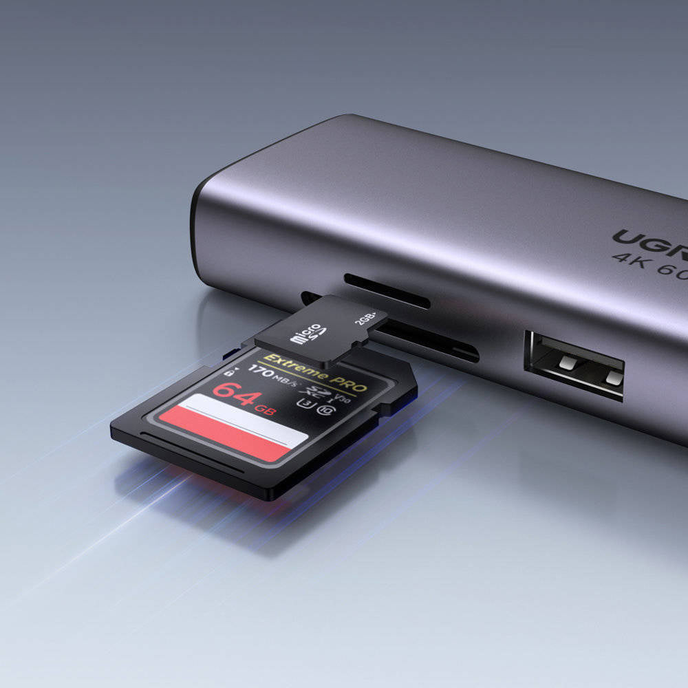 Hub USB-C UGREEN CM512 (60515), 2 x USB-A 3.0 - 1 x USB-C - 1 x HDMI - 1 x SD - 1 x microSD - 1 x RJ45, Gri