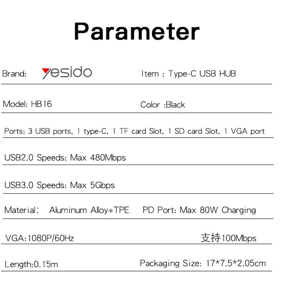 USB-C Hub Yesido HB16, 7in1, Grijs