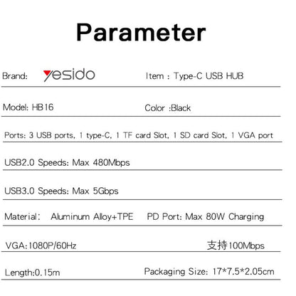 USB-C Hub Yesido HB16, 7in1, Grijs