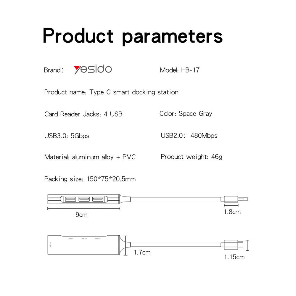 USB-C Hub Yesido HB17, 4in1, Grijs
