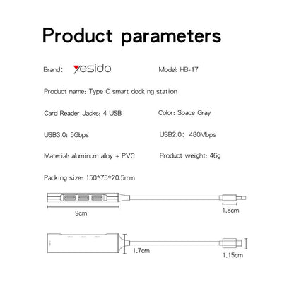 USB-C Hub Yesido HB17, 4in1, Grijs