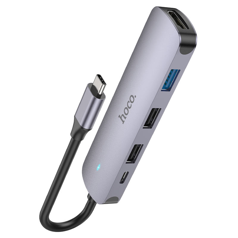 USB-C Hub HOCO HB27, USB-A 3.0 - 2 x USB-A - USB-C - HDMI, Grijs