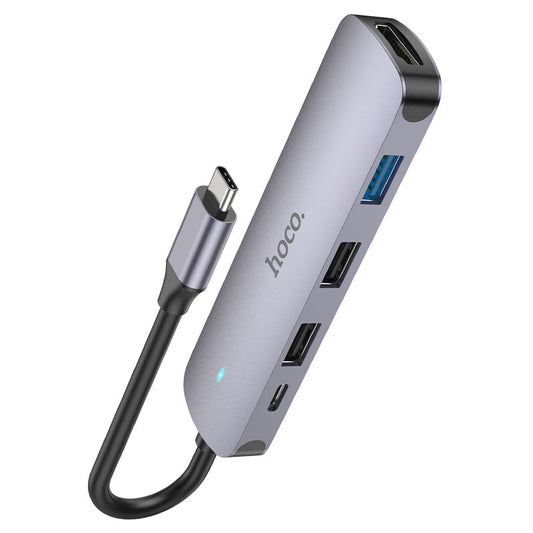USB-C Hub HOCO HB27, USB-A 3.0 - 2 x USB-A - USB-C - HDMI, Grijs