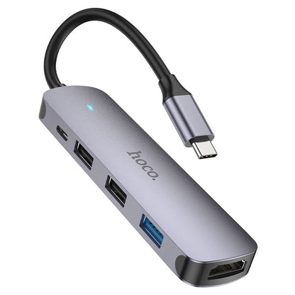 USB-C Hub HOCO HB27, USB-A 3.0 - 2 x USB-A - USB-C - HDMI, Grijs