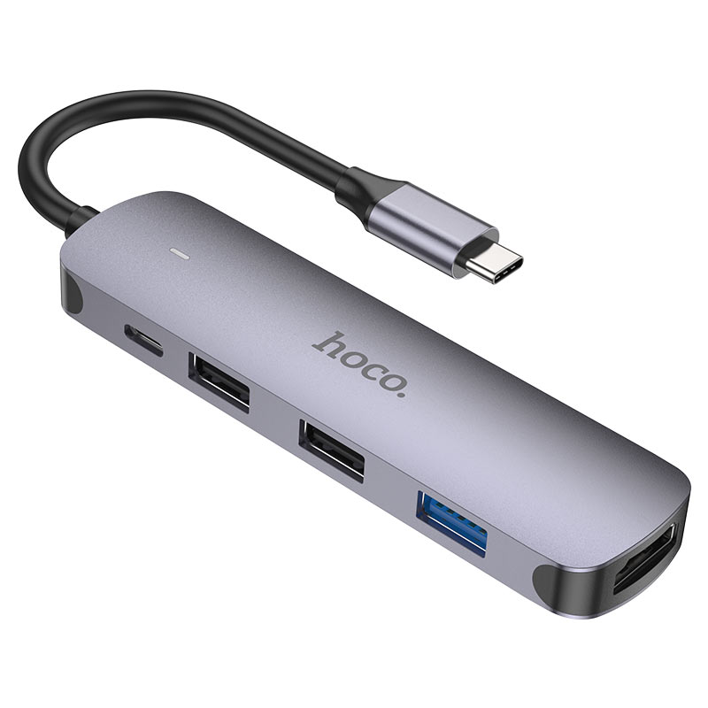 USB-C Hub HOCO HB27, USB-A 3.0 - 2 x USB-A - USB-C - HDMI, Grijs