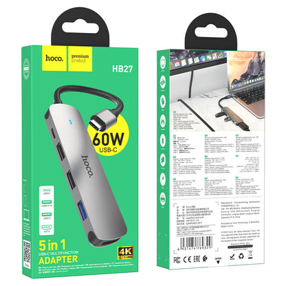 USB-C Hub HOCO HB27, USB-A 3.0 - 2 x USB-A - USB-C - HDMI, Grijs