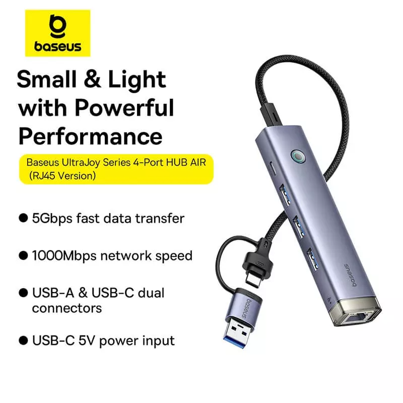 Baseus UltraJoy USB / USB-C Hub, 3 x USB-A 3.0 - 1 x USB-C - 1 x RJ45, Gray B0005280B811-14