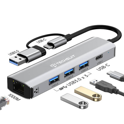 USB / USB-C Hub Techsuit H3 BoostNetLink, 5in1, Gri