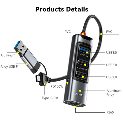 USB / USB-C Hub Yesido HB21, 5in1, Grijs
