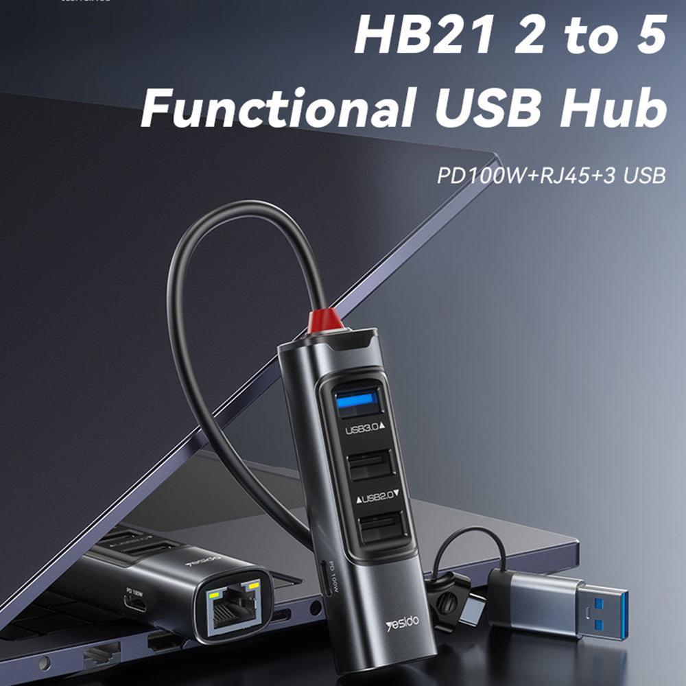 USB / USB-C Hub Yesido HB21, 5in1, Grijs