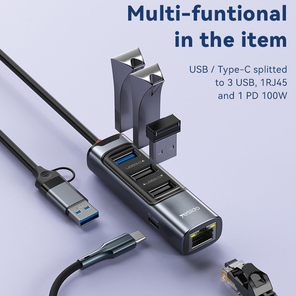 USB / USB-C Hub Yesido HB21, 5in1, Grijs