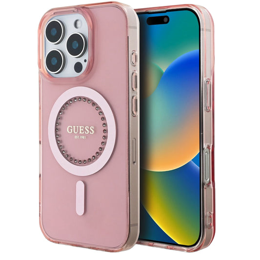 MagSafe hoesje voor Apple iPhone 16 Pro Max, Guess, IML Rhinestones Ring, Roze GUHMP16XPFTDTEP