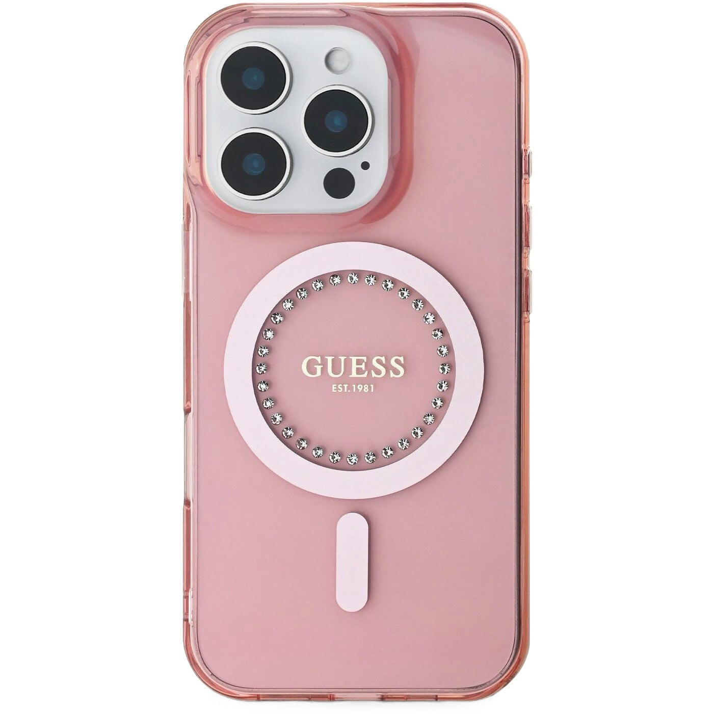 MagSafe hoesje voor Apple iPhone 16 Pro Max, Guess, IML Rhinestones Ring, Roze GUHMP16XPFTDTEP