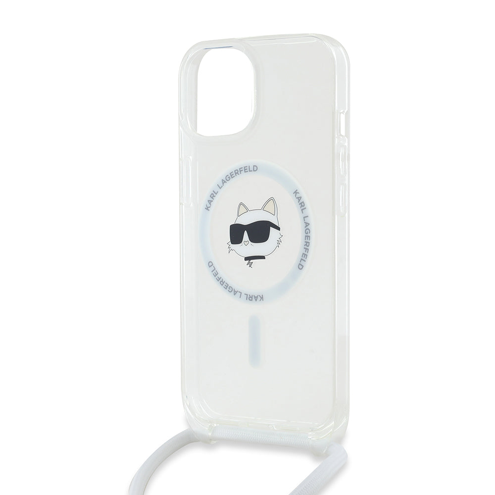 MagSafe hoes voor Apple iPhone 14, Karl Lagerfeld, IML Crossbody Choupette's Head met Riem, Transparant