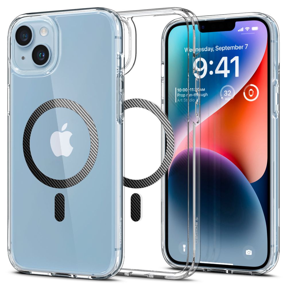 MagSafe hoesje voor Apple iPhone 14 Plus, Spigen, Ultra Hybrid Carbon, Transparant