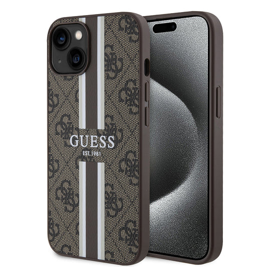MagSafe hoesje voor Apple iPhone 15, Guess, 4G Printed Stripes, Bruin