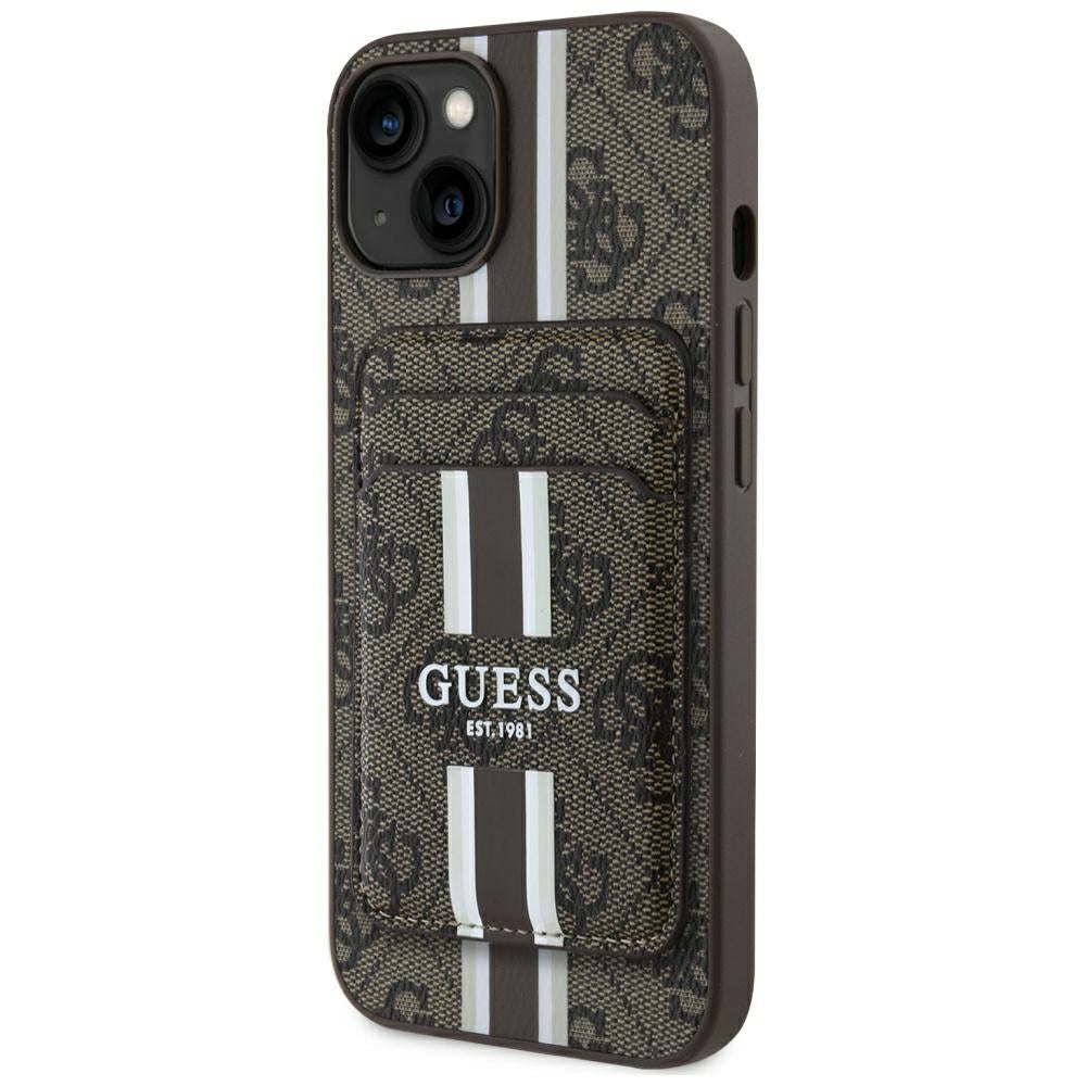 MagSafe hoesje voor Apple iPhone 15, Guess, Cardslot 4G Stripes, Bruin