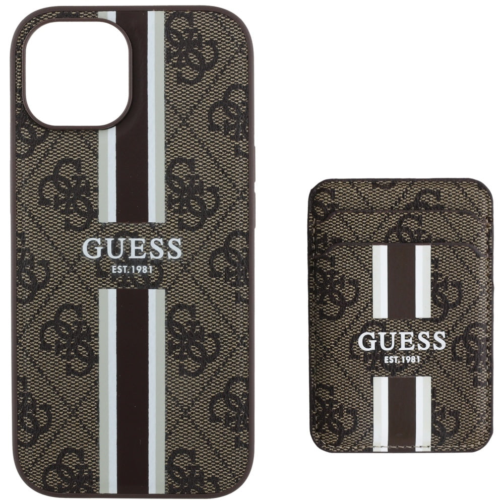 MagSafe hoesje voor Apple iPhone 15, Guess, Cardslot 4G Stripes, Bruin