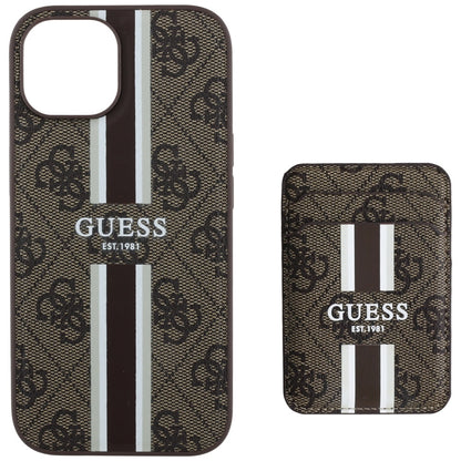 MagSafe hoesje voor Apple iPhone 15, Guess, Cardslot 4G Stripes, Bruin