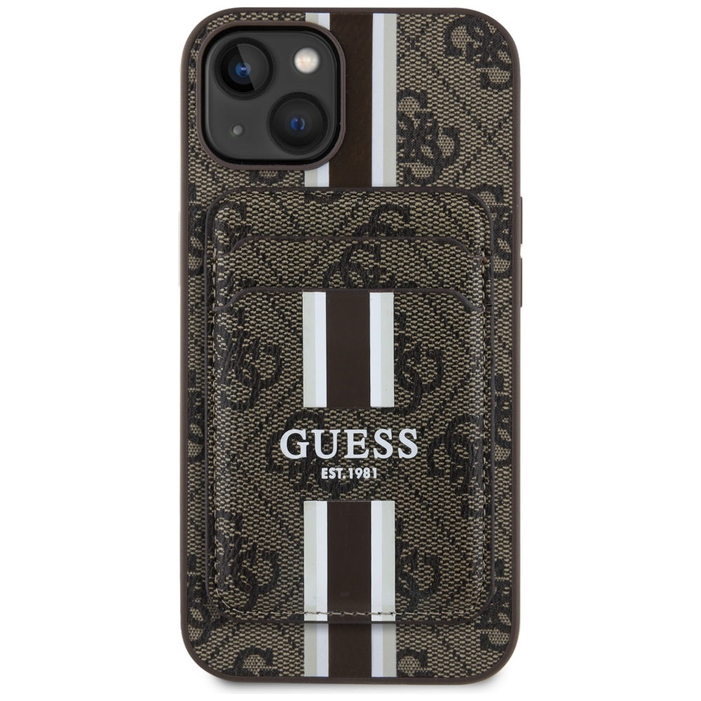 MagSafe hoesje voor Apple iPhone 15, Guess, Cardslot 4G Stripes, Bruin